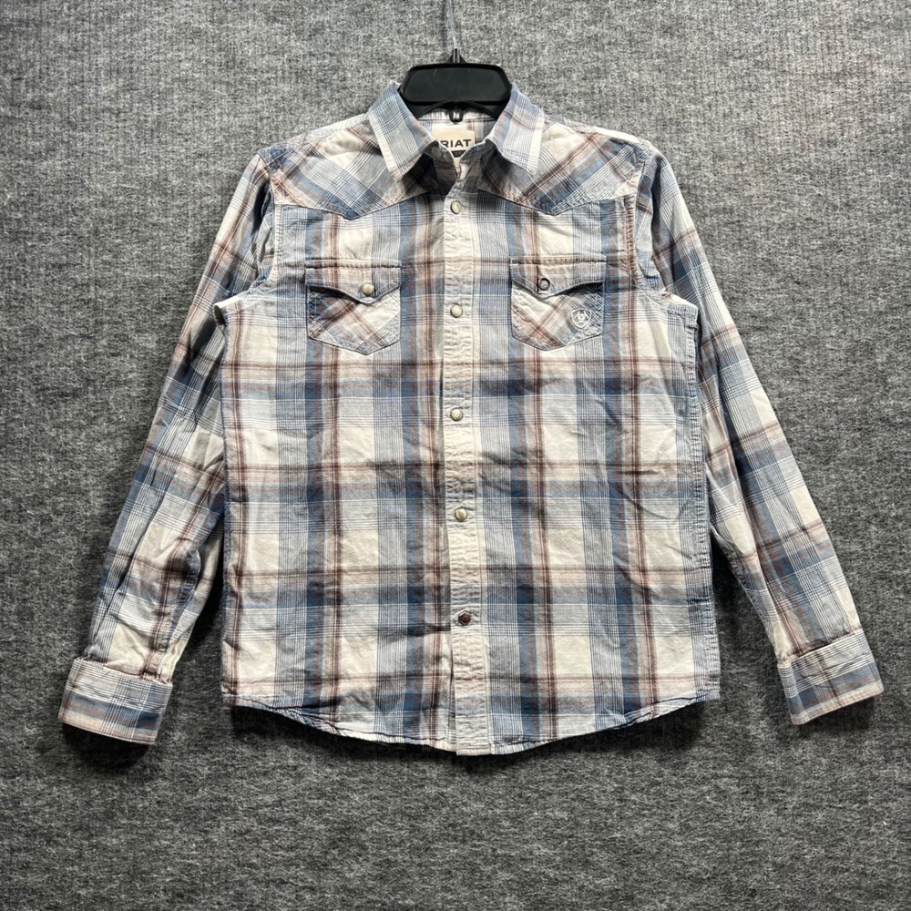 Ariat Boys Retro Fit Plaid Western Snap Shirt Blue Brown White Size L 14-16